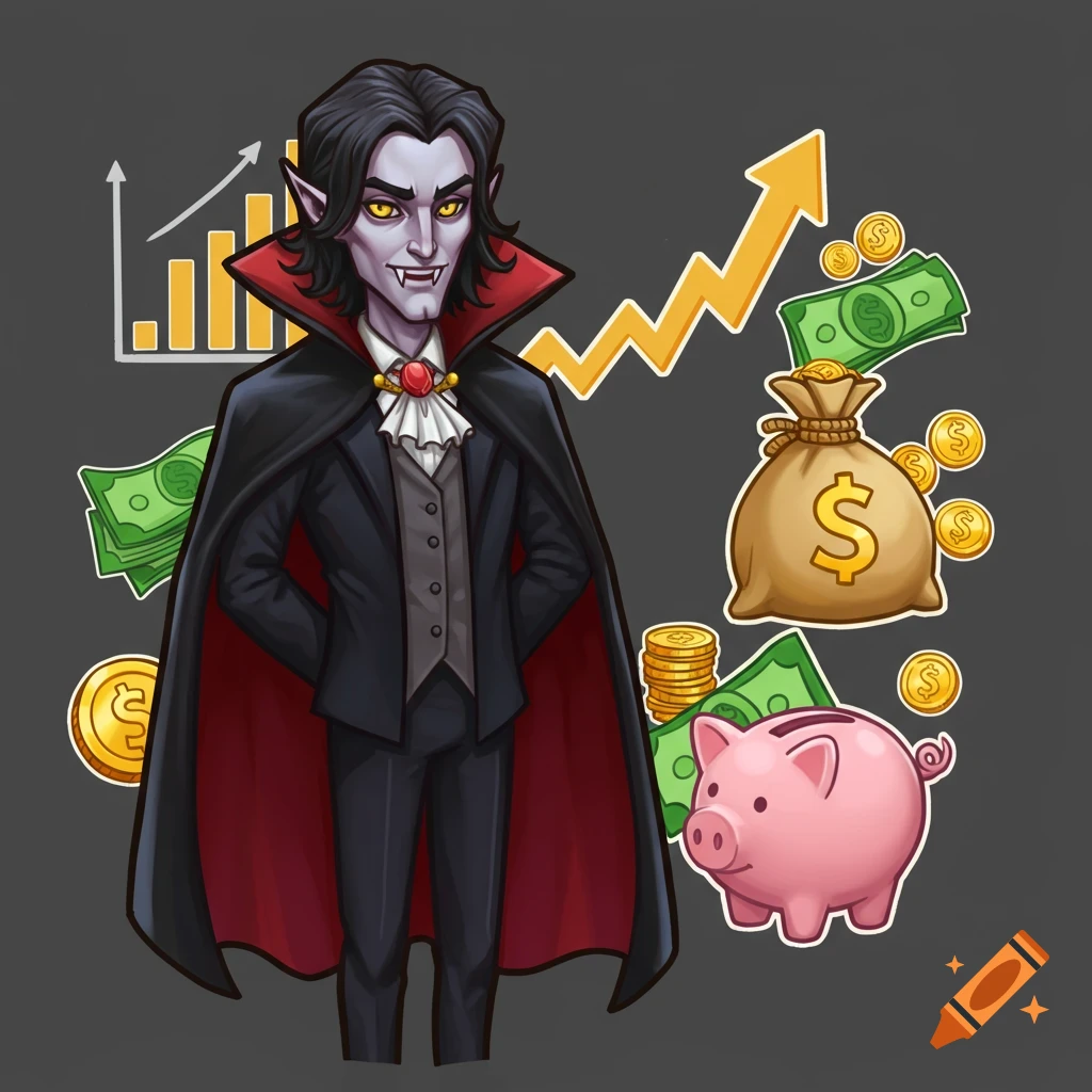 Cartoon vampire with banking symbols like money bags, coins, bills, and a stock chart in clip art style.