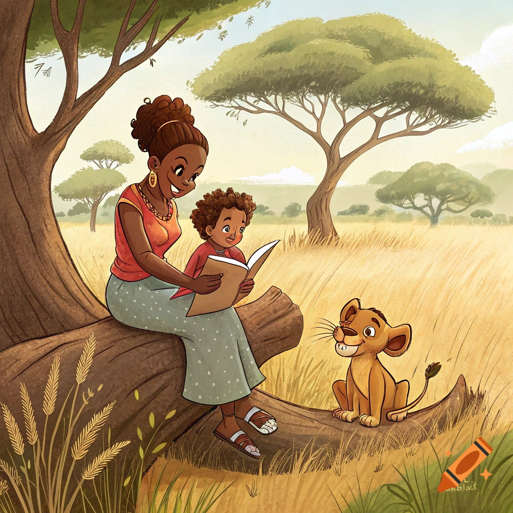 A cartoon illustration of a mother and child sitting on a log in a savanna reading a book, with a friendly cartoon lion cub watching.