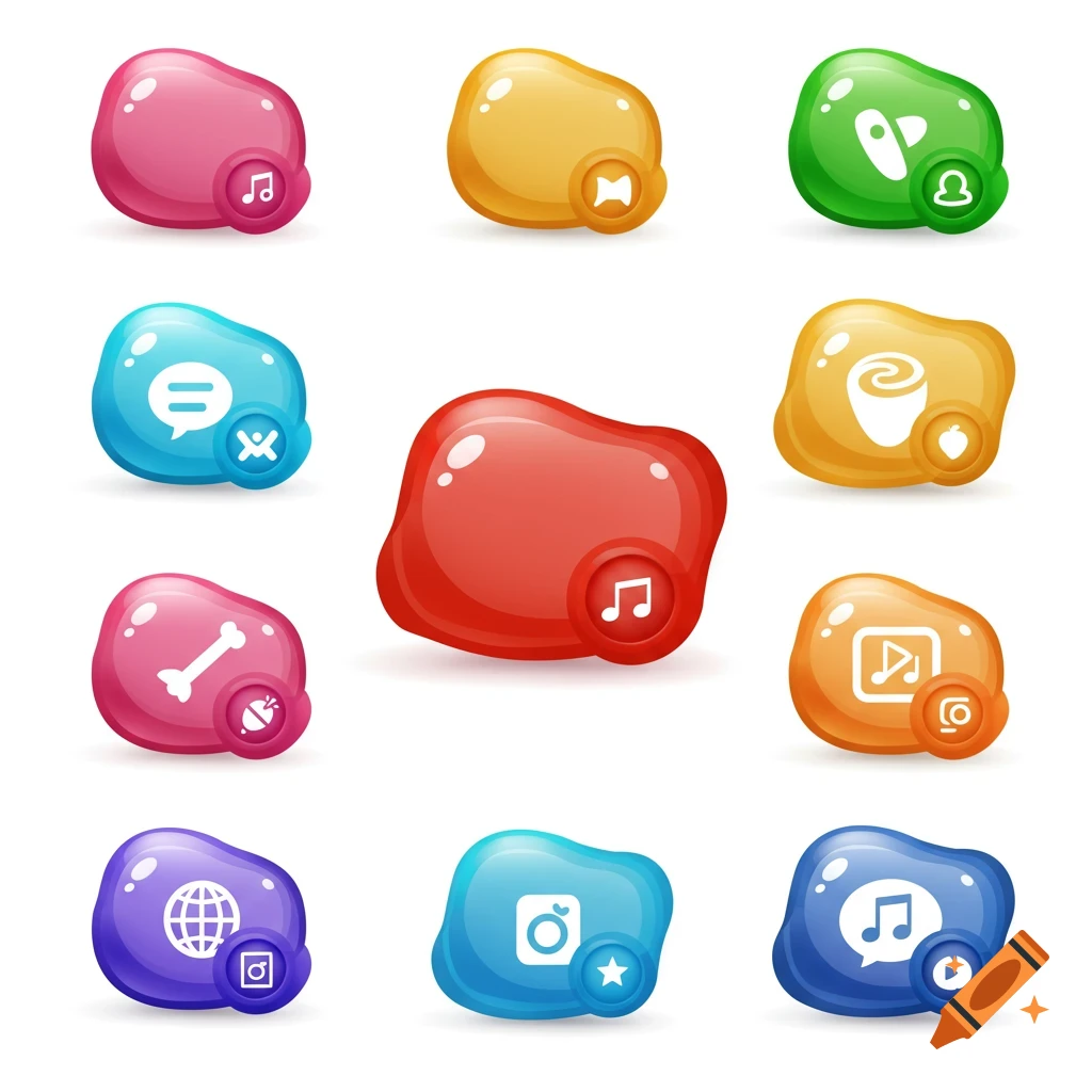 Nine colorful, glossy, gumdrop-shaped app icons with white symbols inside, against a white background.