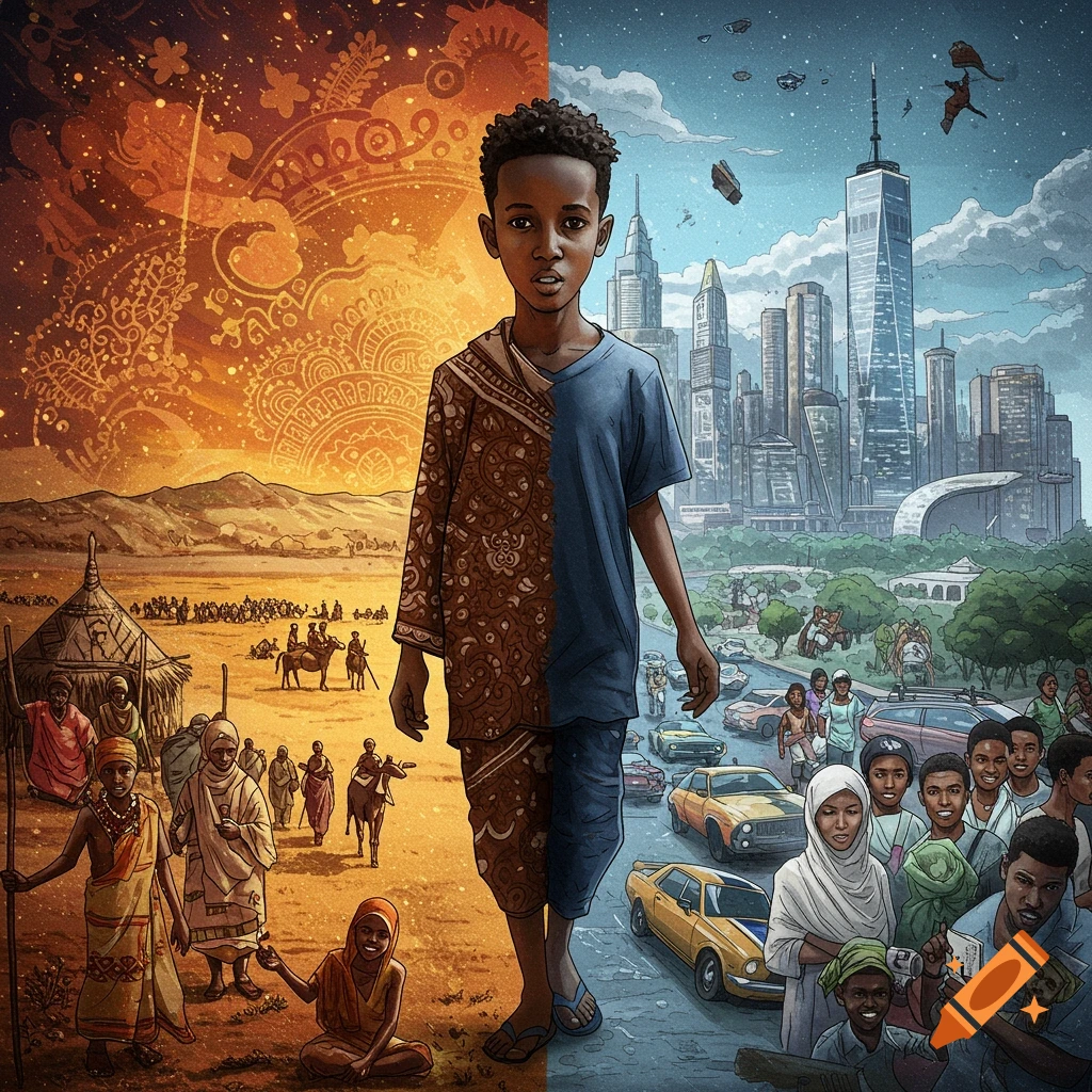 A young person is depicted split between a traditional desert scene with people and huts and a modern city street scene.