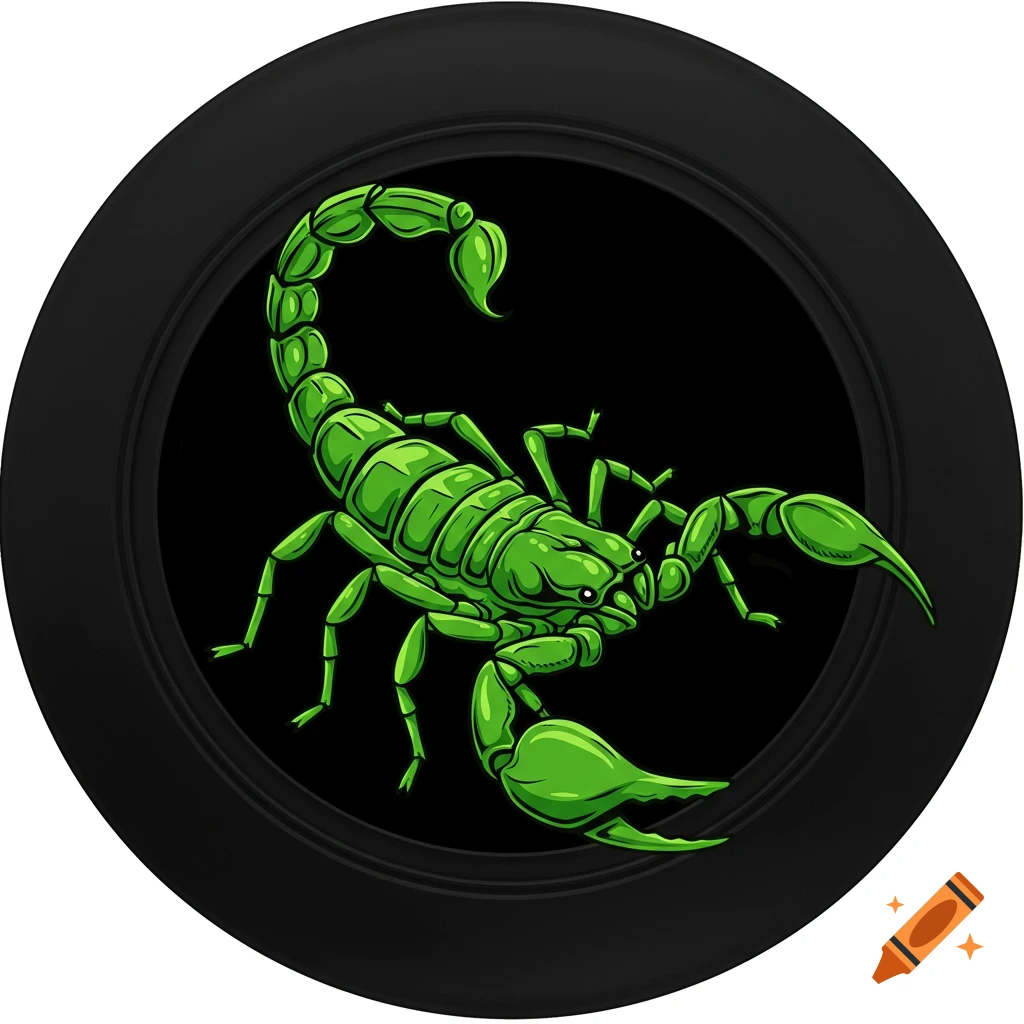 A vector graphic of a green scorpion against a black background within a circle.