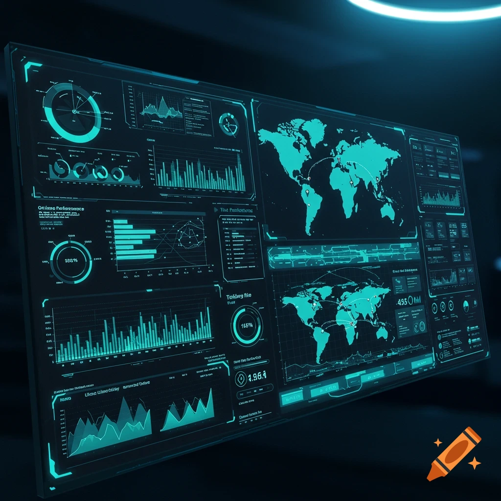 A futuristic digital dashboard displays charts, graphs, and maps of the world in a dark environment.