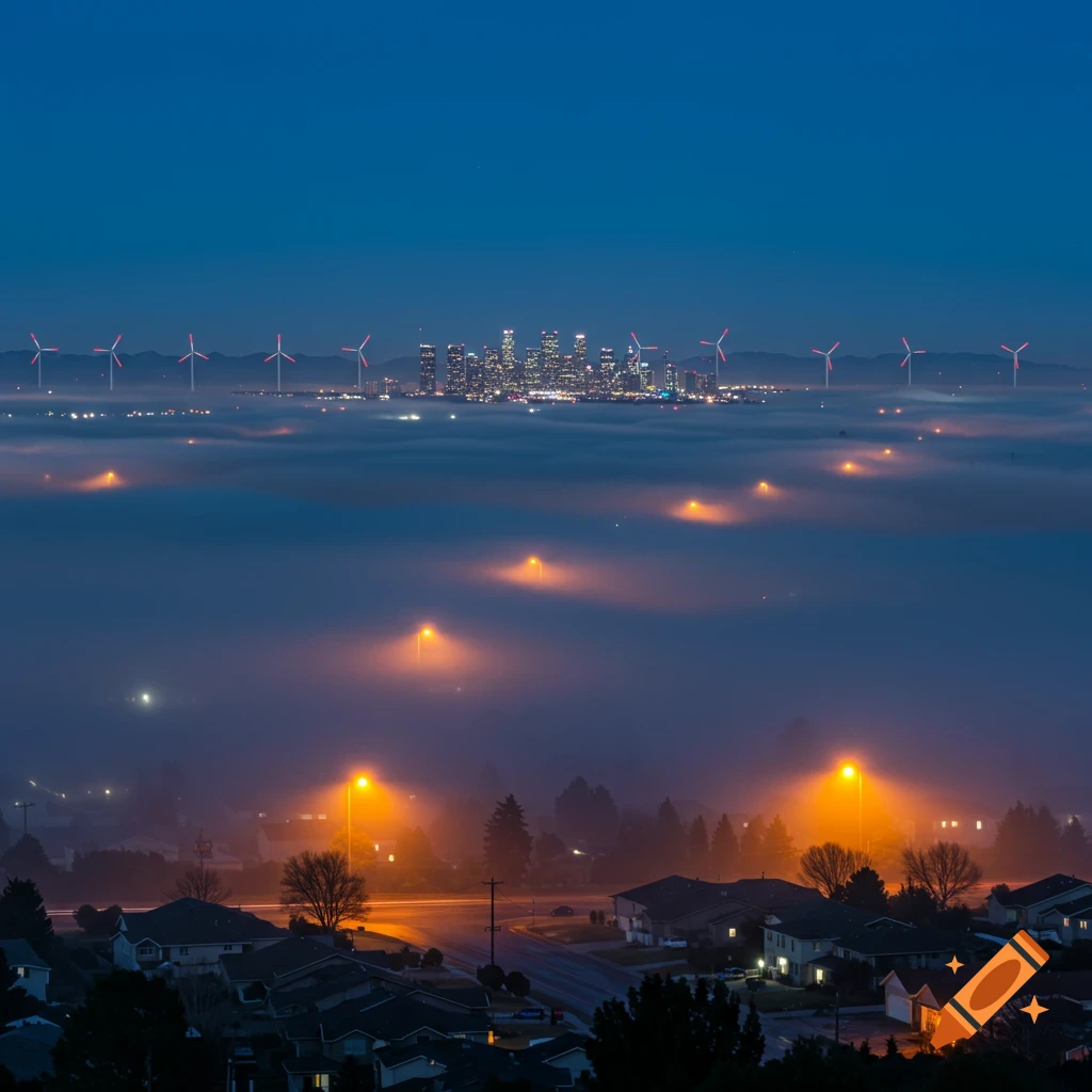 A misty view of a city skyline and wind turbines above a foggy suburban neighborhood at dusk.