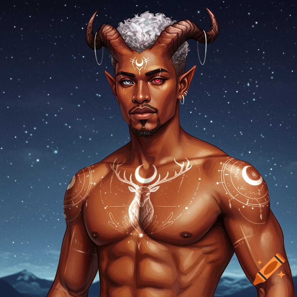A male fantasy character with horns, heterochromatic eyes, and celestial tattoos stands under a starry sky.