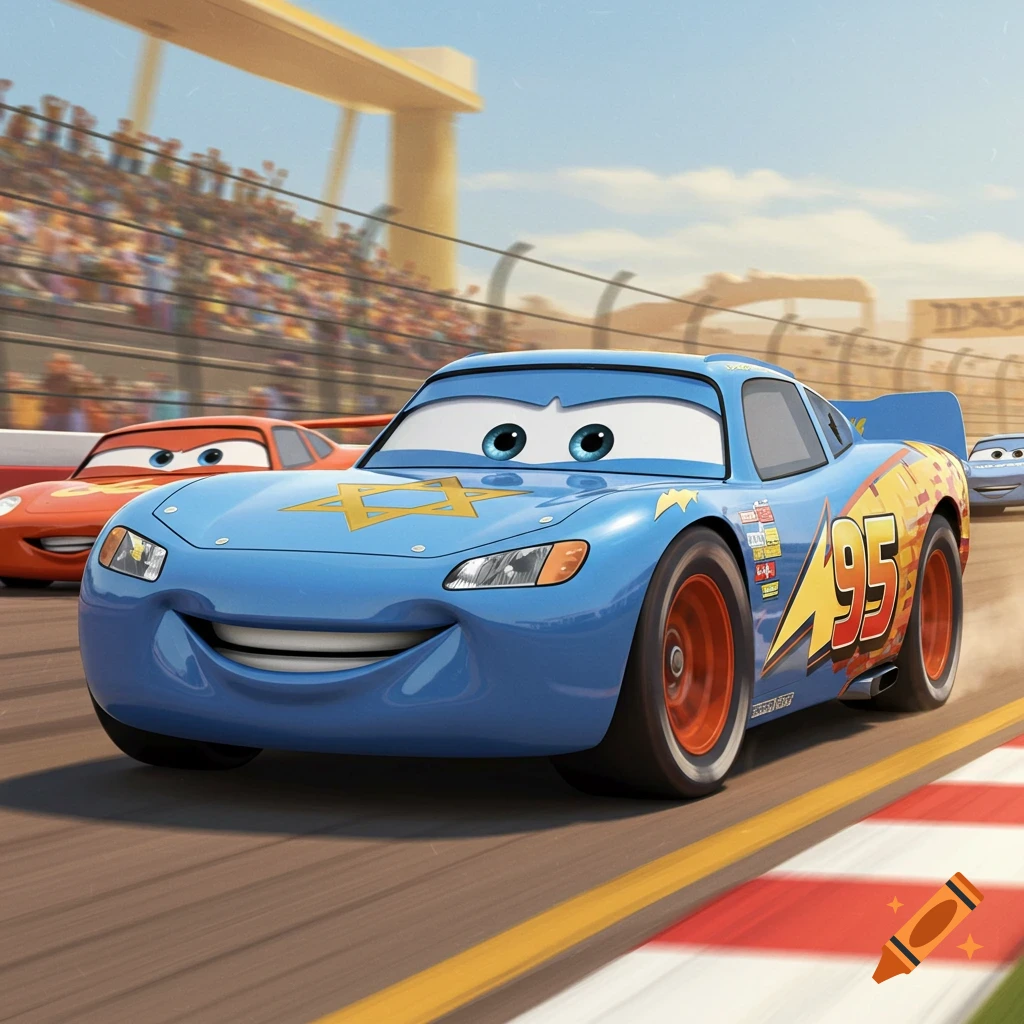 A blue cartoon race car with a Star of David on its hood, racing on a track.