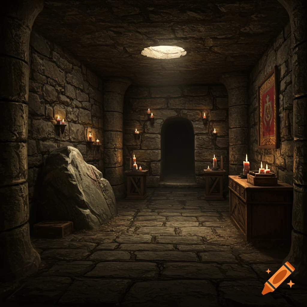 Dark stone dungeon room lit by many candles and light from a hole in the ceiling, with a rock and framed banner.