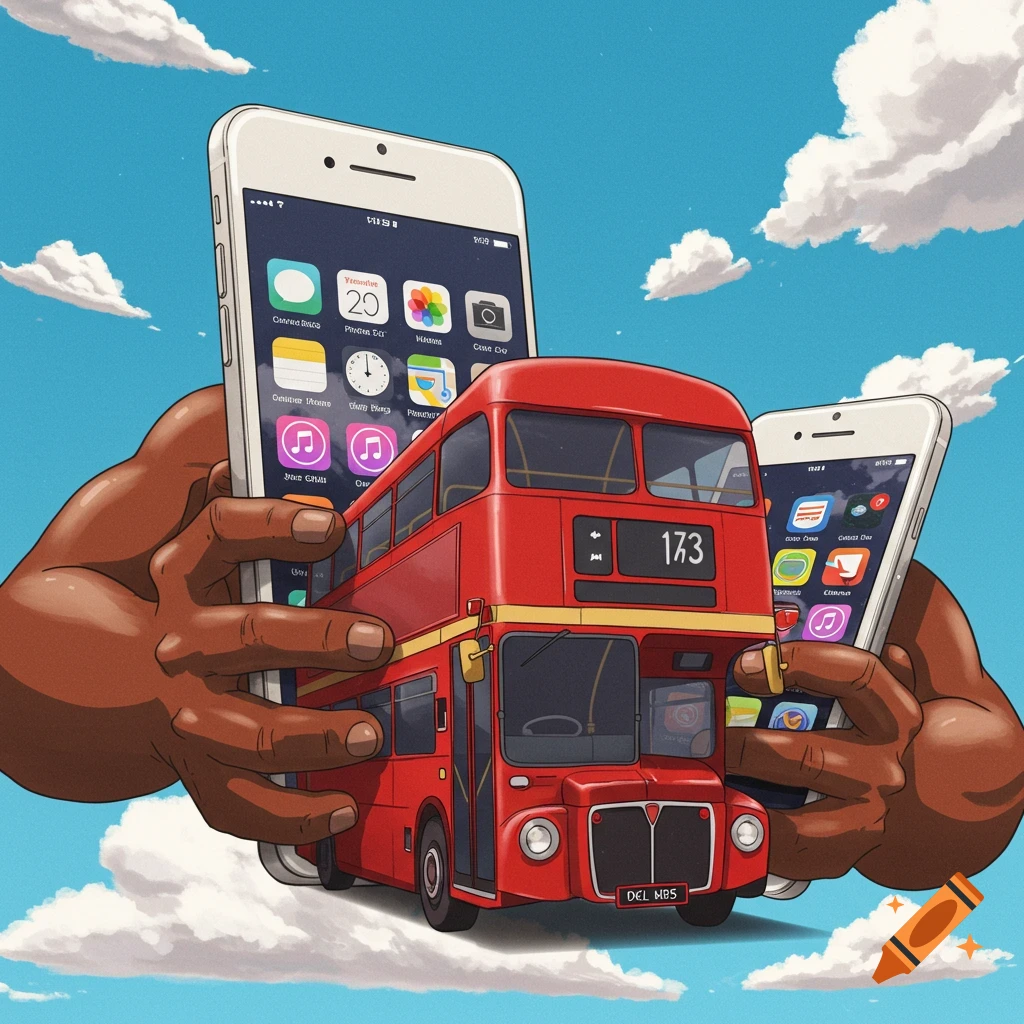 A red double-decker bus is held by large hands and smartphones against a blue sky.