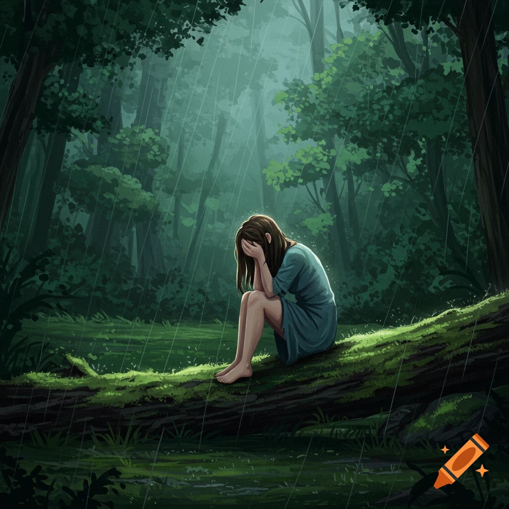 A person sits alone on a log in a dark forest, covering their face and crying in the rain.
