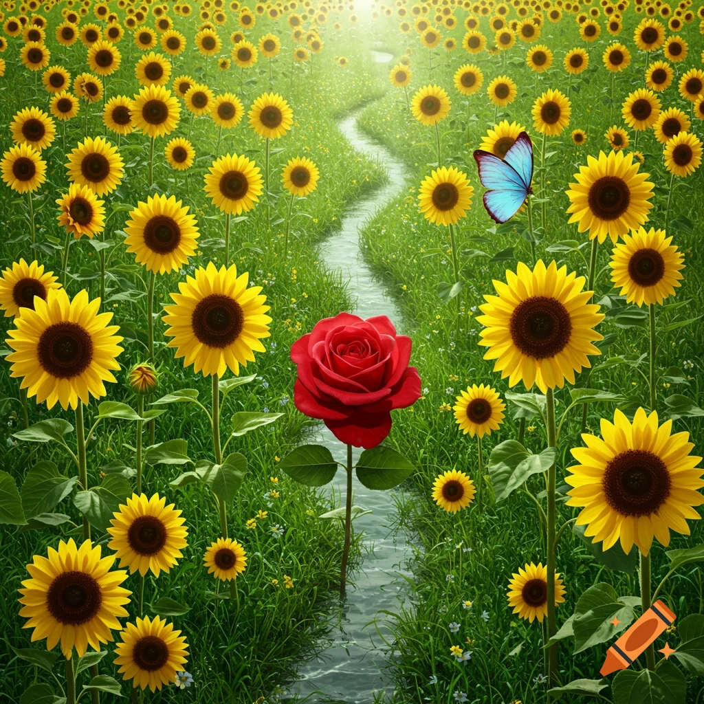 A field of sunflowers, a red rose, and a blue butterfly by a stream.