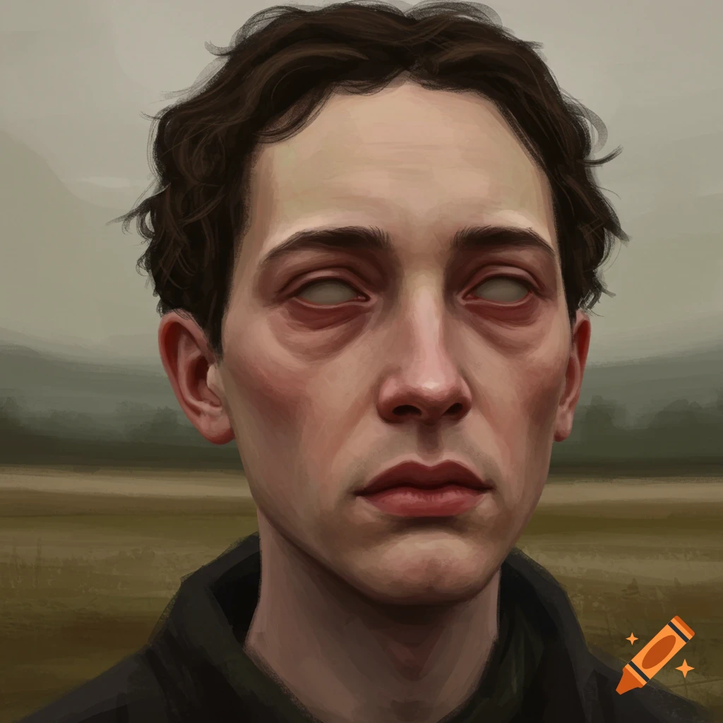 A person with blank eyes stares ahead in a field.