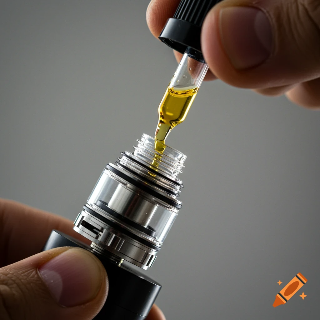 A person fills a vape tank with liquid from a dropper.