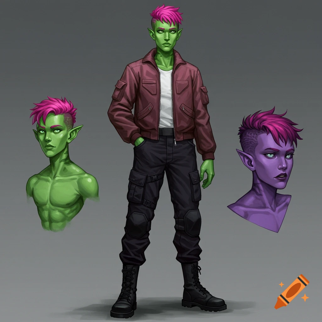 Character sheet of a green humanoid with pink hair in a jacket and cargo pants, shown with green and purple busts.