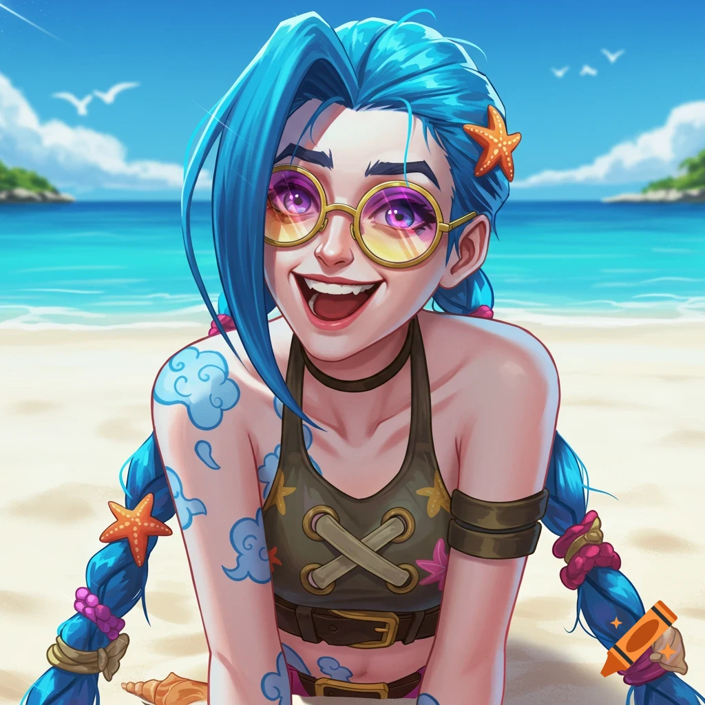 Jinx on a beach wearing sunglasses and a swimsuit, digital art.