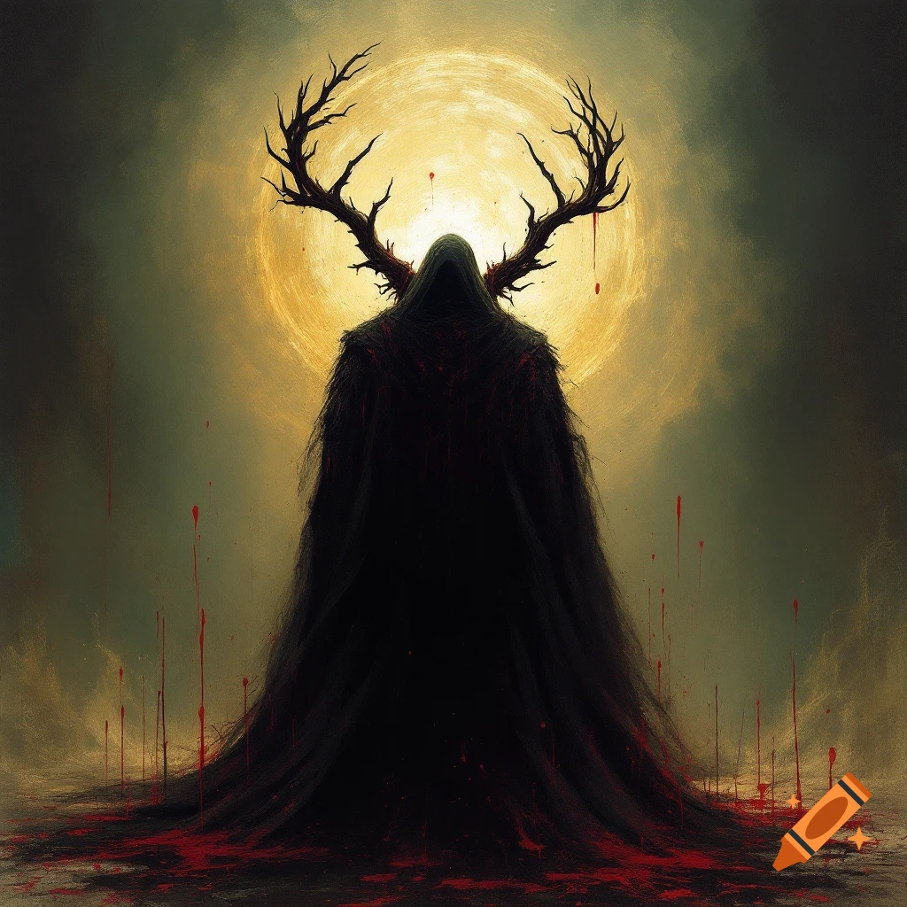 A dark hooded figure with large antlers stands before a glowing sun or moon, with blood splatters on the ground.