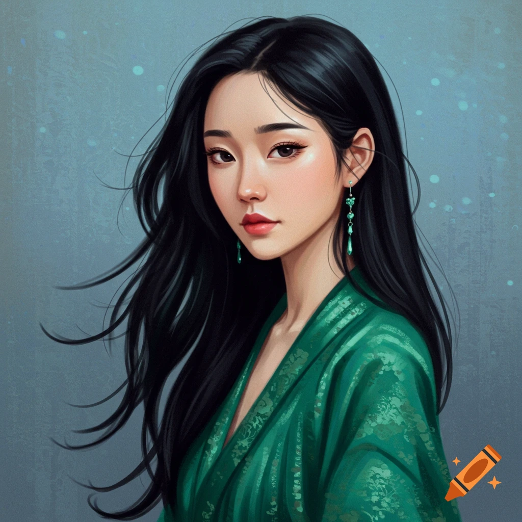 Portrait of a woman with long black hair wearing a green robe.