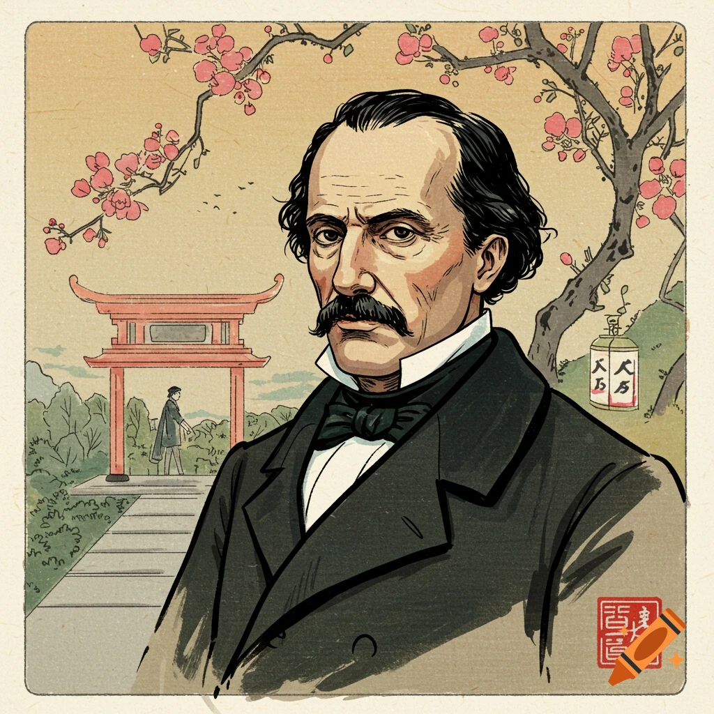 A portrait of Baudelaire is set against an Asian landscape featuring a pagoda and cherry blossoms.
