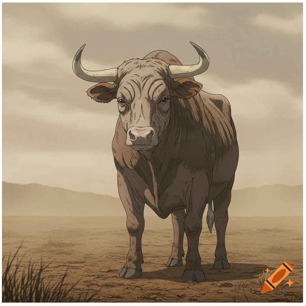 An anime style illustration of a bull standing in a dusty pasture.