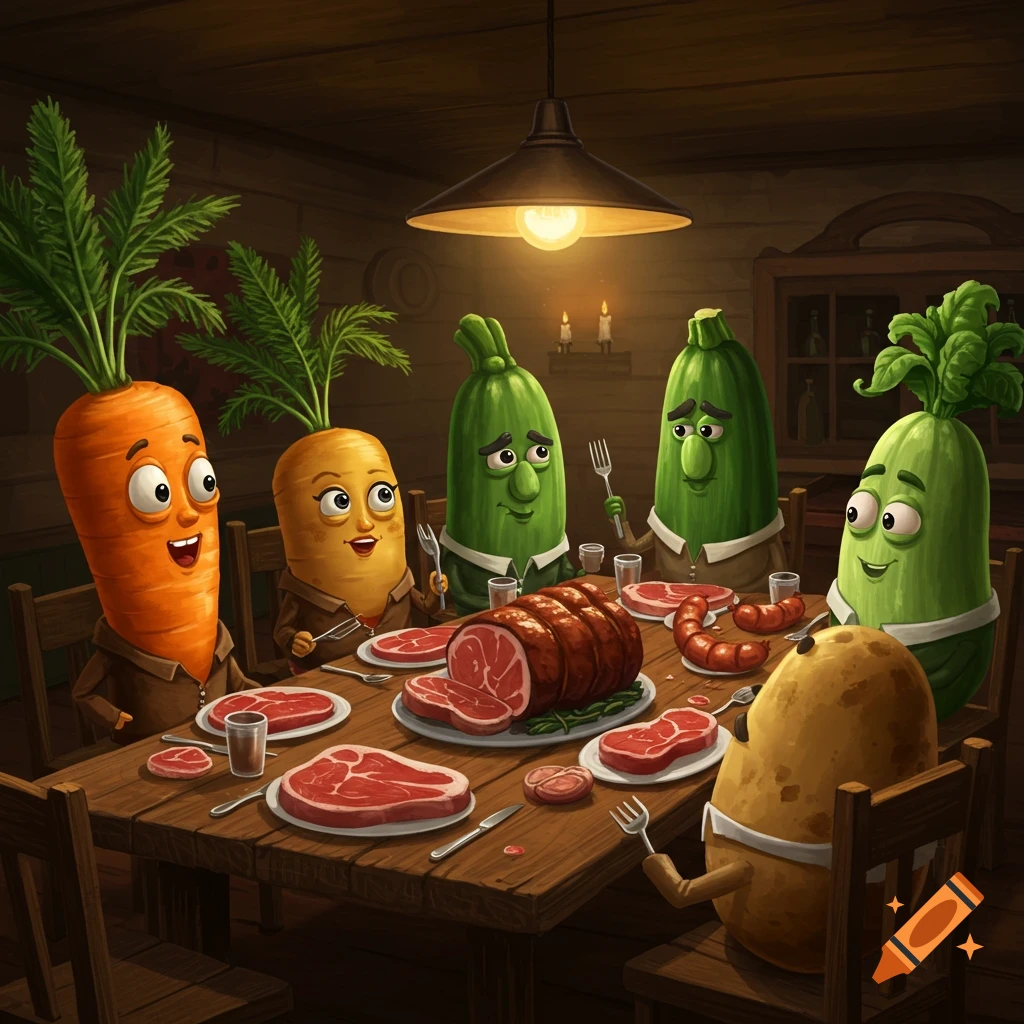 Cartoon vegetables eating dinner at a table full of meat.