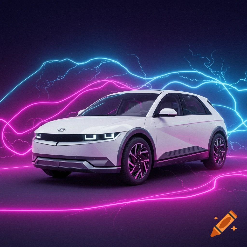 A white electric car surrounded by neon pink and blue lightning effects.