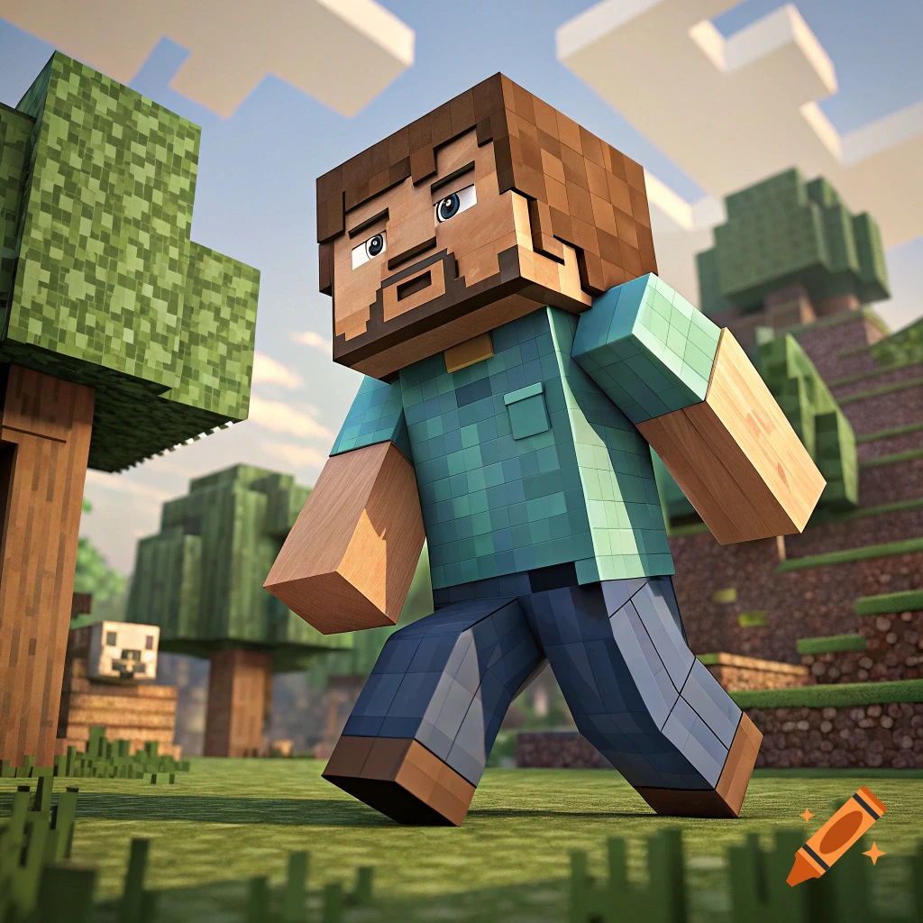 A blocky figure resembling Minecraft Steve with Jack Black's features walks through a pixelated landscape.