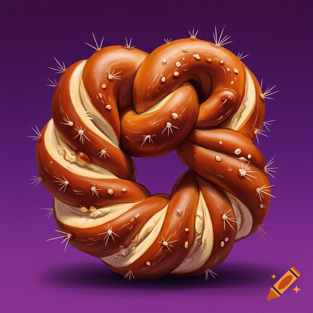 A pretzel shaped like a cactus, against a purple background.