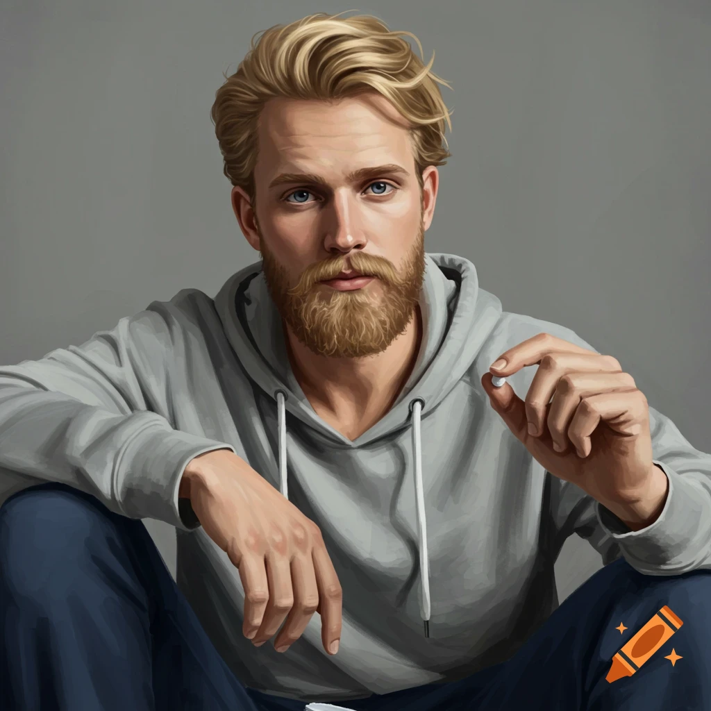 A blonde man with a beard, wearing a grey hoodie, is sitting and holding a pill.