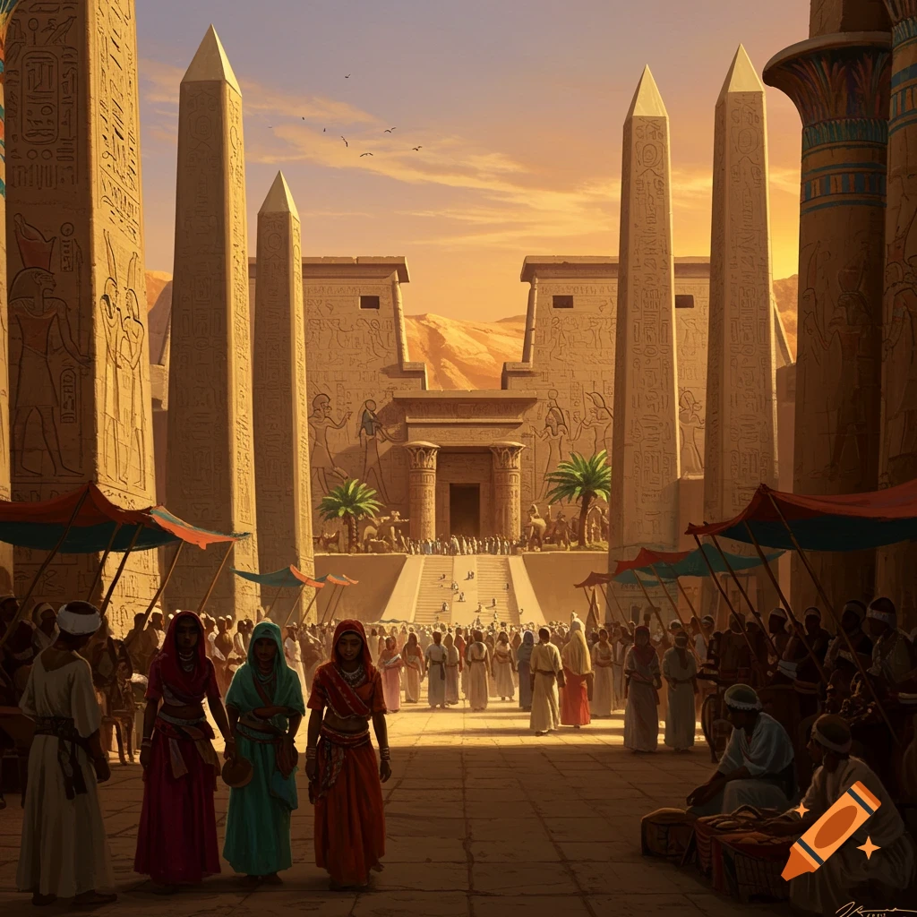 An ancient Egyptian temple courtyard filled with people, obelisks, and hieroglyphics at sunset.