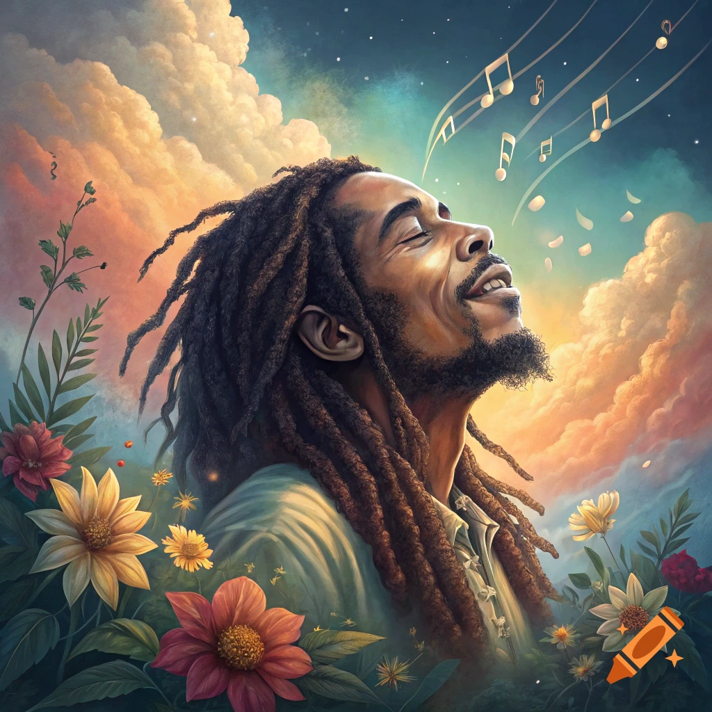 Portrait of a person resembling Bob Marley smiling upwards, surrounded by flowers, clouds, and musical notes in the sky.