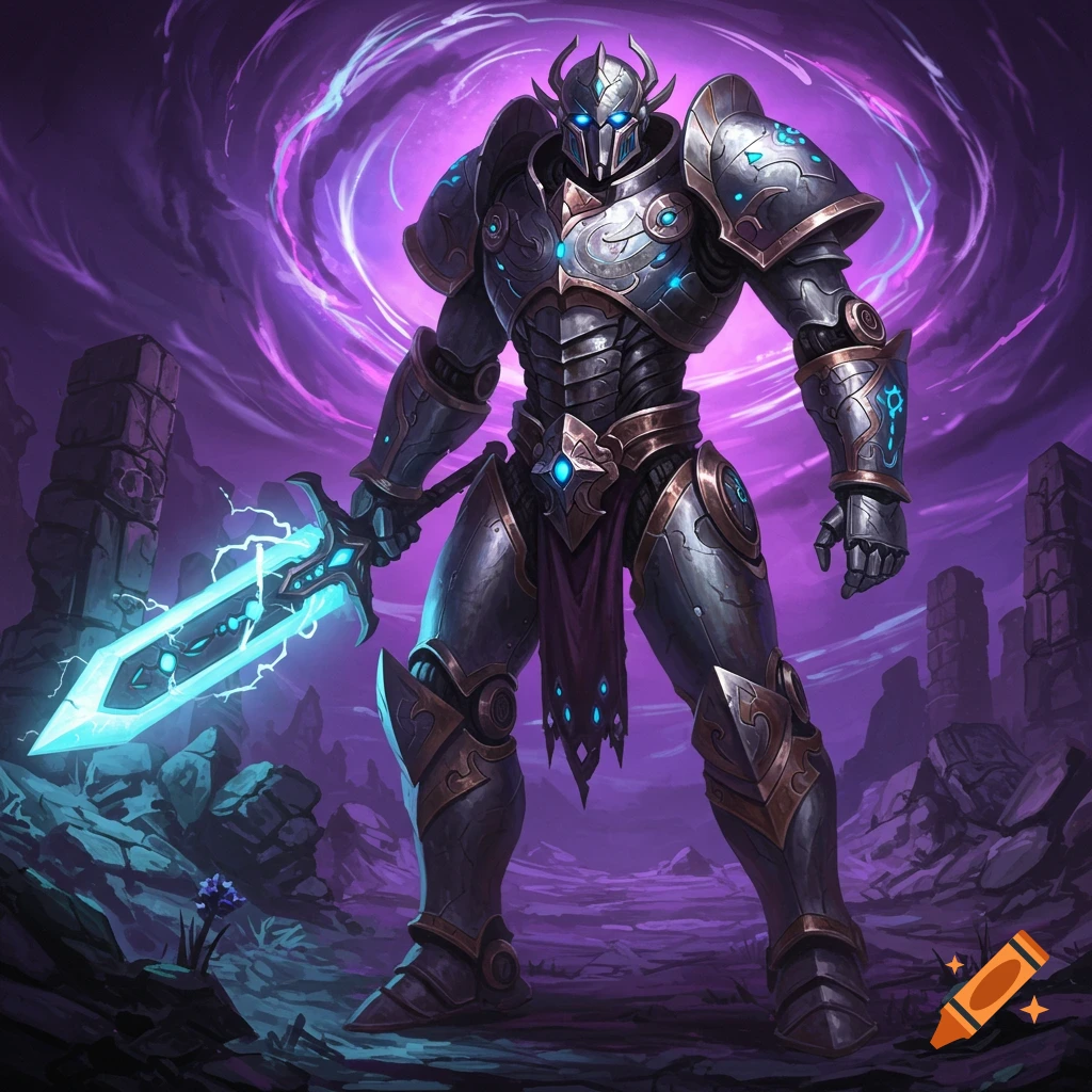 A fantasy robot warrior in detailed armor holds a glowing sword against a purple sky.