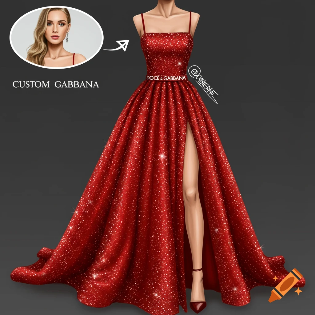 Digital illustration of a sparkly red ball gown dress with a high slit and spaghetti straps.