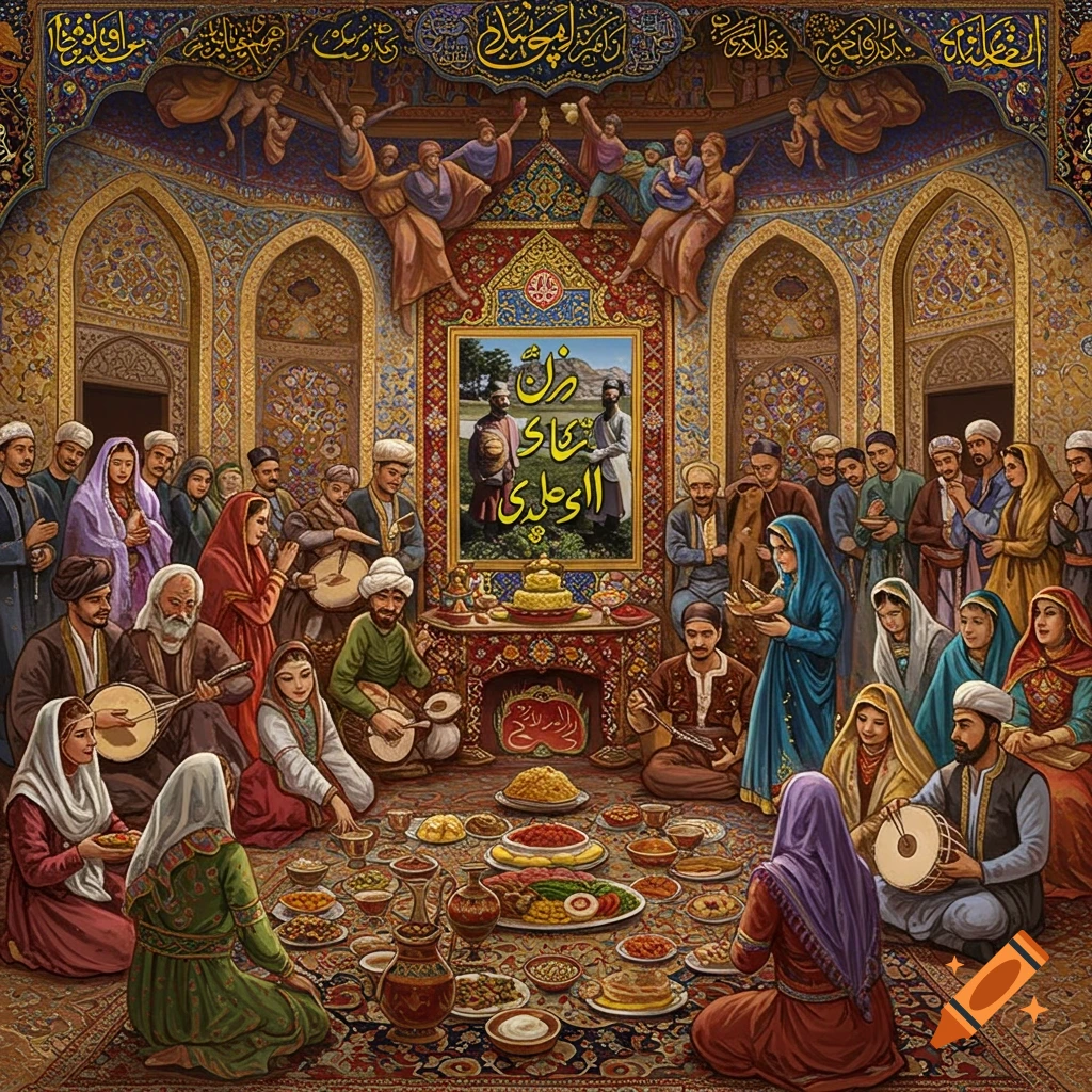 A large group of people in traditional clothing celebrating, gathered on a rug, eating, and playing music in a decorated room.