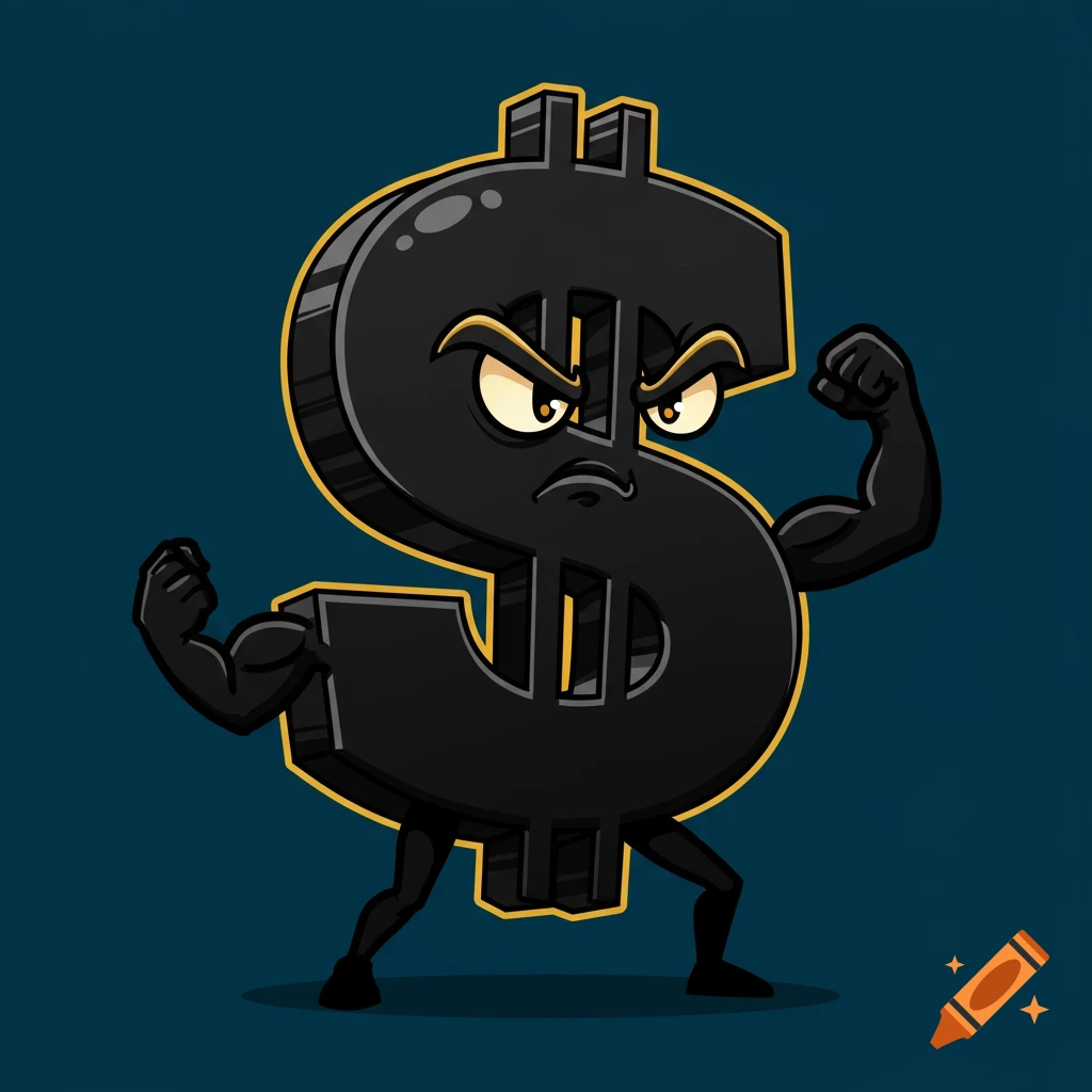 A black cartoon dollar sign with arms and legs flexing its muscles.