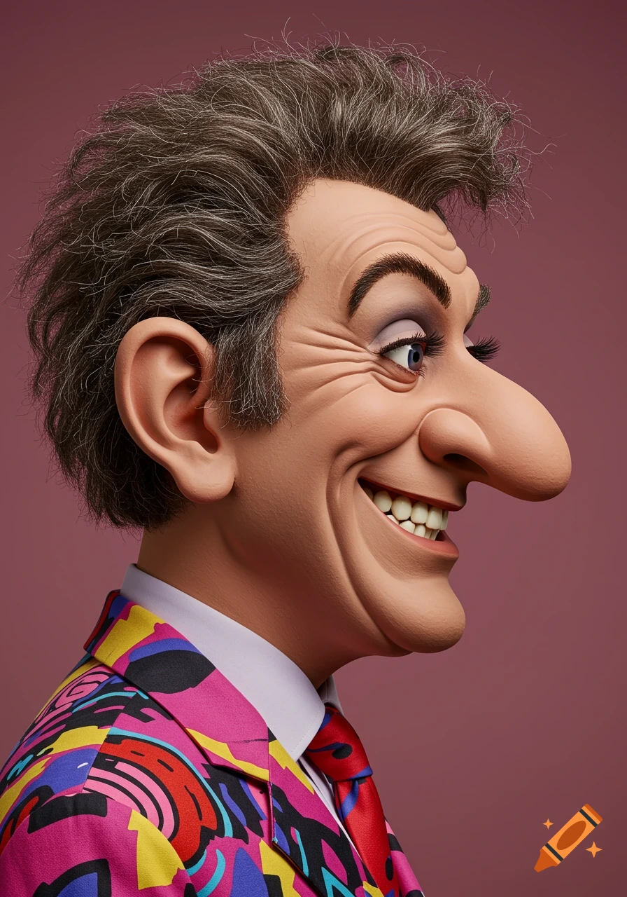 A profile portrait of a male caricature with exaggerated features, wearing a bright, patterned suit and tie.