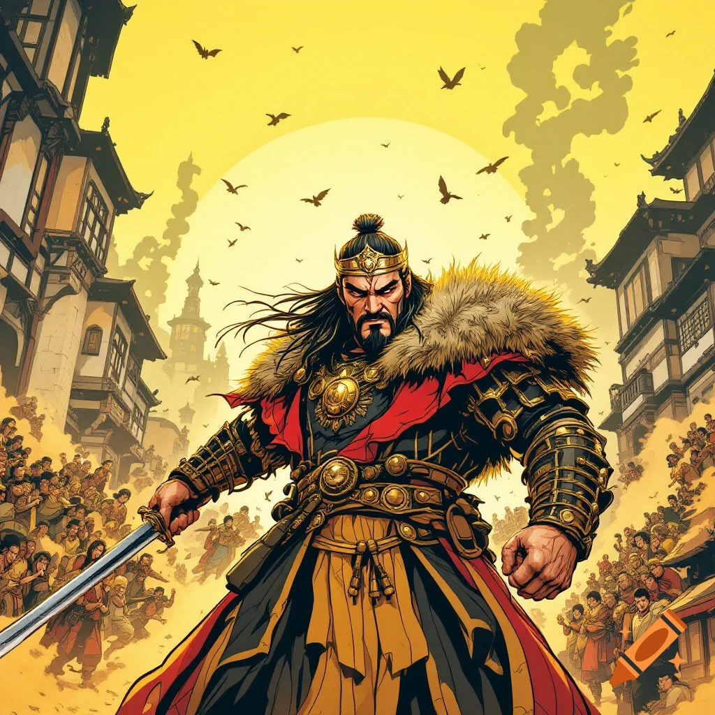 Comic style illustration of Genghis Khan, a fierce warrior in armor, holding a sword before a crowd and buildings under a yellow sky.