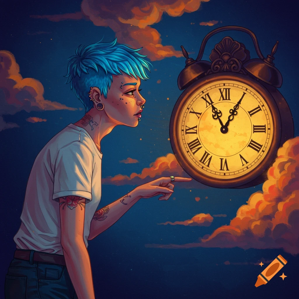 A person with blue hair looks at a large clock in a cloudy sky.