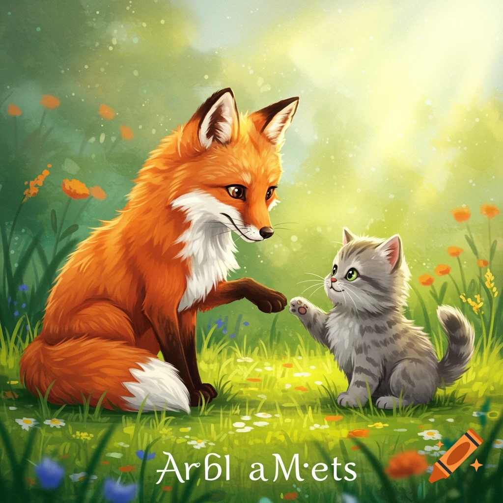 A fox and a kitten touching paws in a sunny meadow.