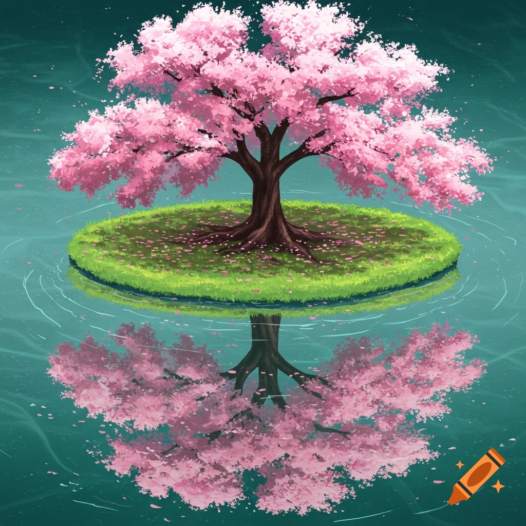 A cherry blossom tree stands on a grassy island, its reflection mirrored in the surrounding water.