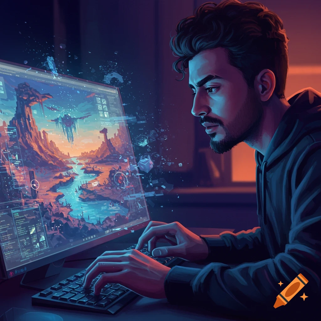 A man typing on a keyboard looking at a computer screen displaying a fantasy landscape.
