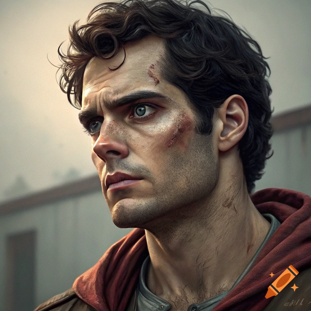 Dramatic realistic portrait of a man with scars on his face and neck.