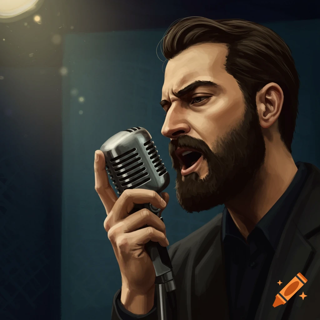 A close-up of a man with a beard singing into a vintage microphone.