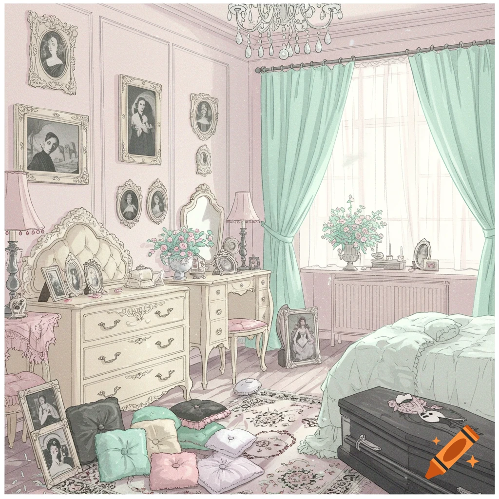 A pastel goth bedroom with a coffin, antique furniture, and mint curtains.