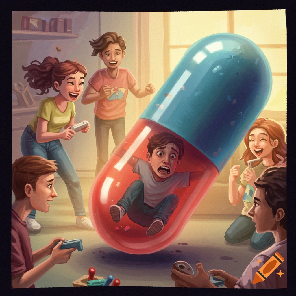 A person is trapped in a giant pill while friends play video games around it.