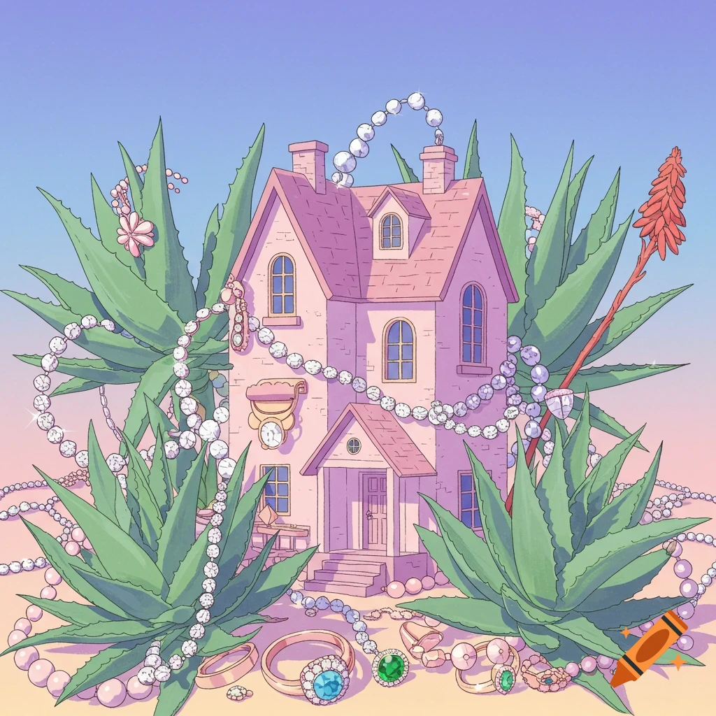 An illustration of a pink house surrounded by large aloe plants draped with pearl necklaces and jewelry.