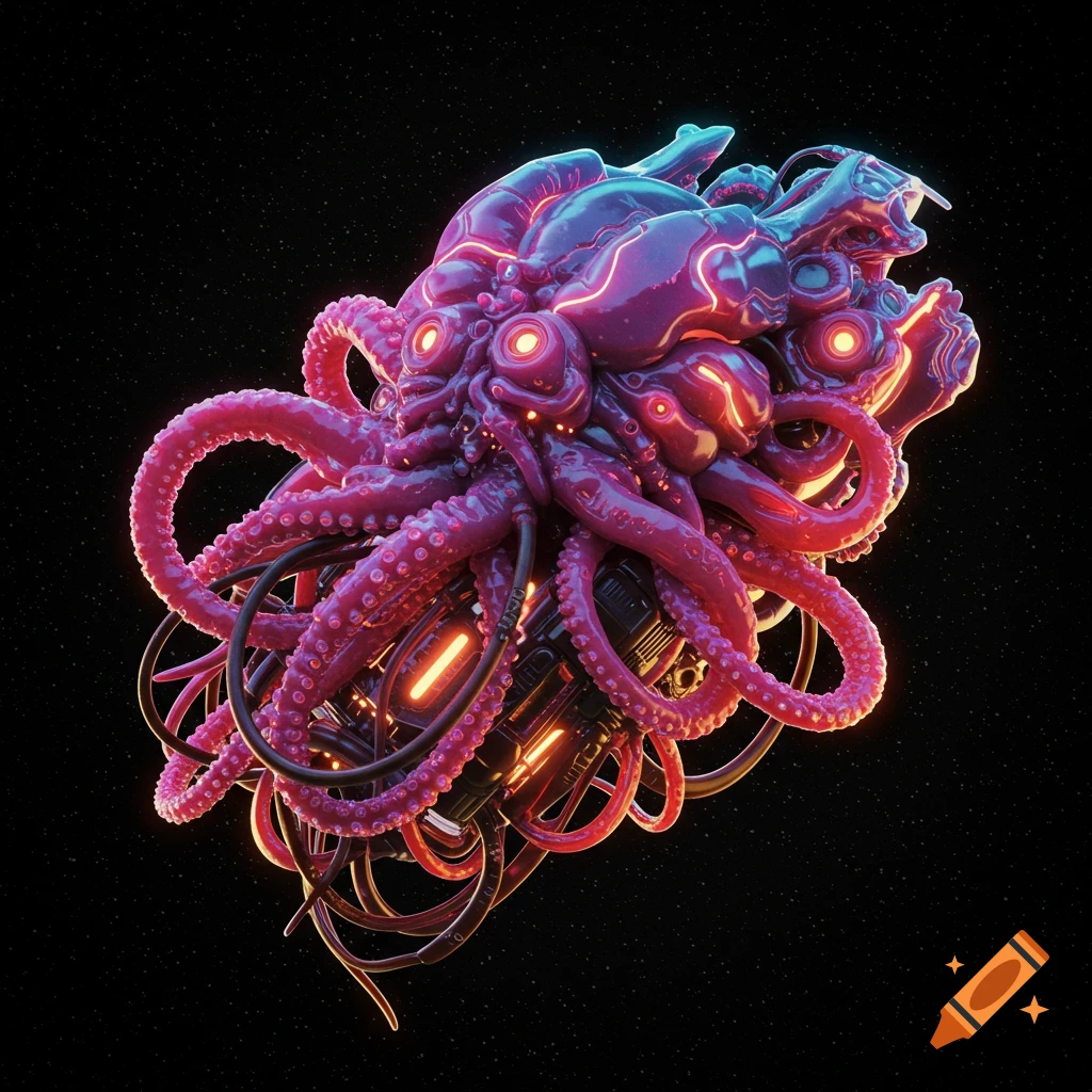 A bizarre biomechanical creature with tentacles and glowing lights floats in space.