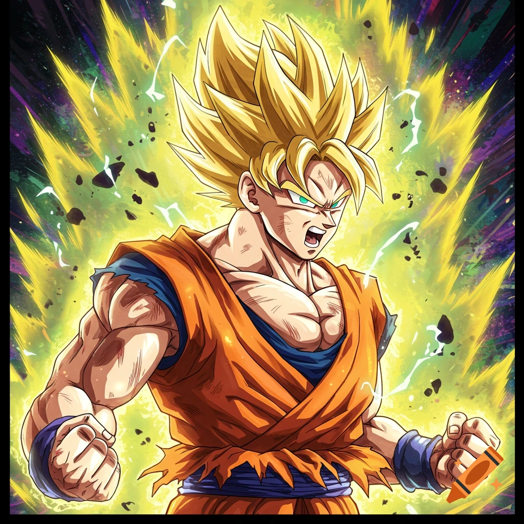 Anime character Goku in Super Saiyan form, surrounded by a yellow energy aura and electrical sparks.