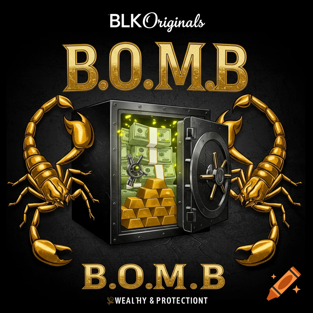 A graphic illustration of two golden scorpions flanking an open safe containing gold bars and cash. Text reads 'B.O.M.B.'