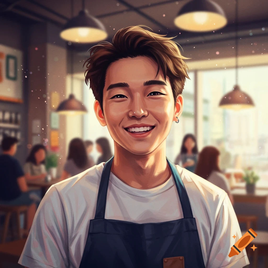 A smiling coffee shop worker in a dark apron.