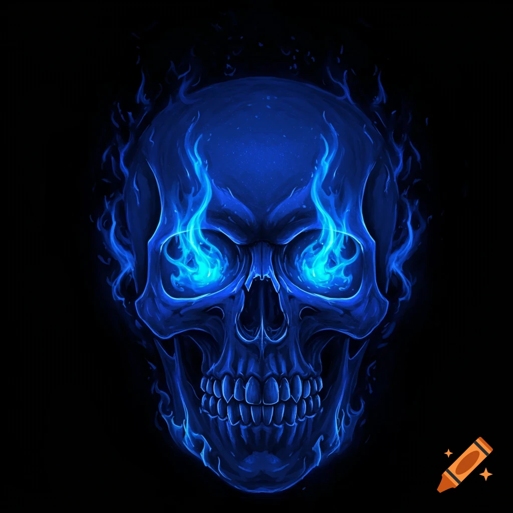 Blue skull head with blue flames on black background.