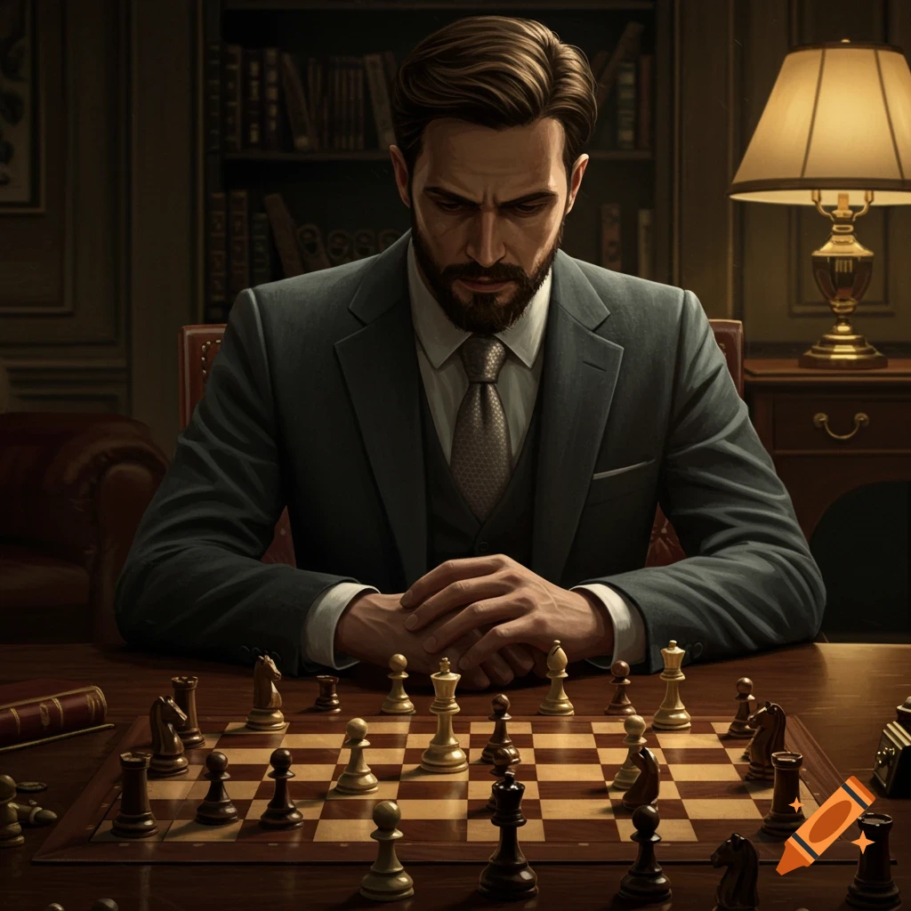 A man intently focused on a game of chess in a dimly lit room.