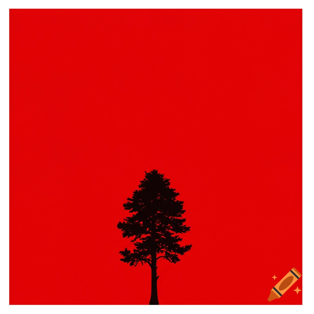 Silhouette of a tree against a pure red background.